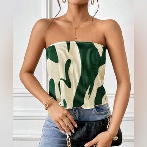 Green and Cream Strapless Top